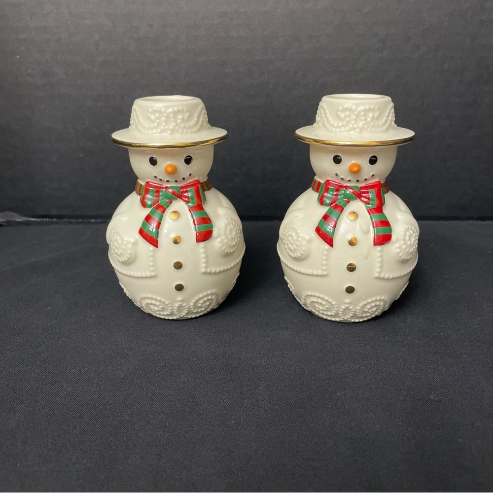 Lenox Snowman Taper Candlestick Holders Pair‎ in Box Holidays Christmas Seasonal